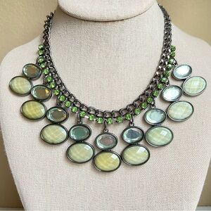 New York and Company gunmetal statement necklace with green rhinestones